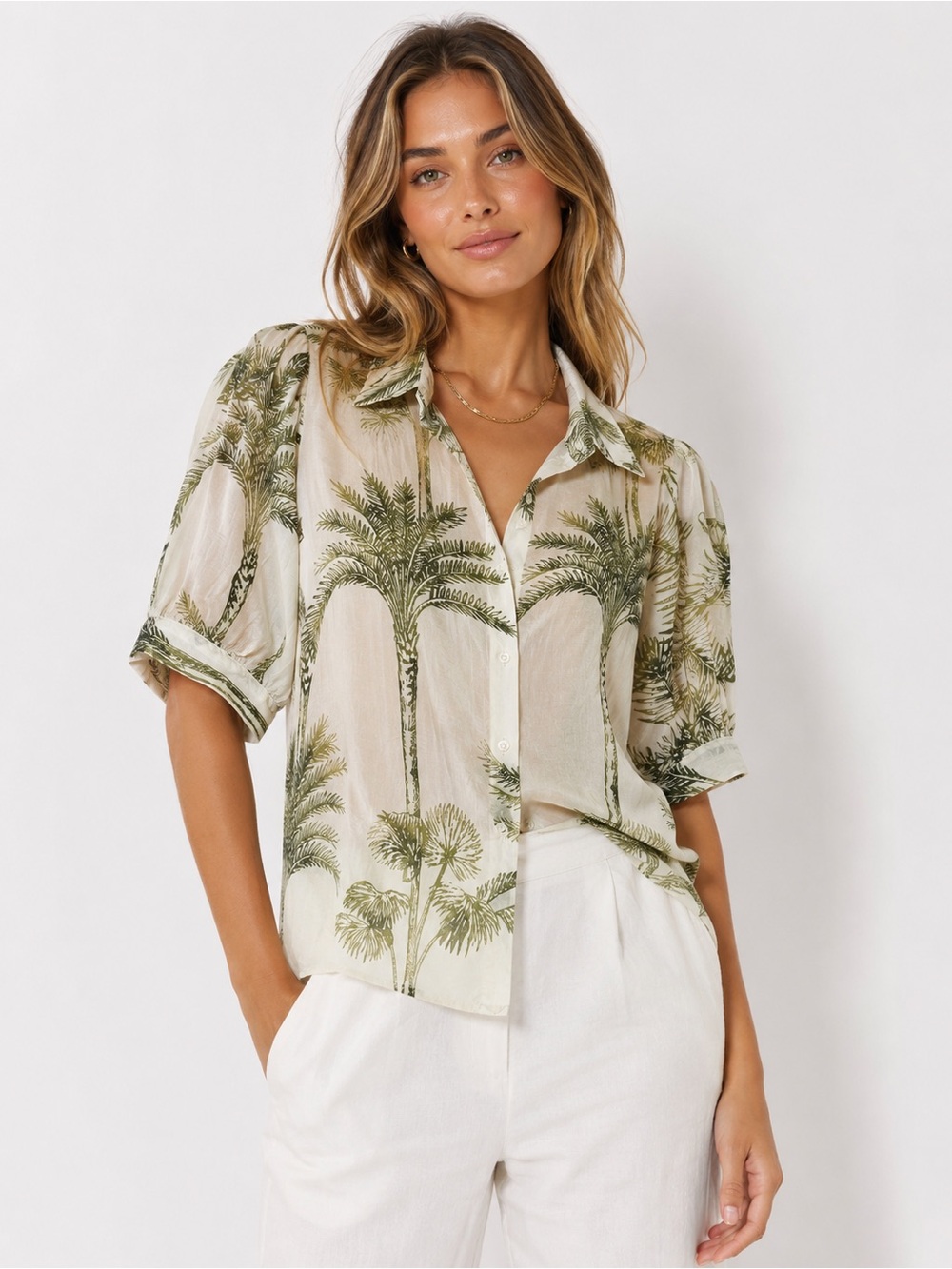 Bailey 44 Palm-Print Short Sleeve Shirt in Olive and Cream
